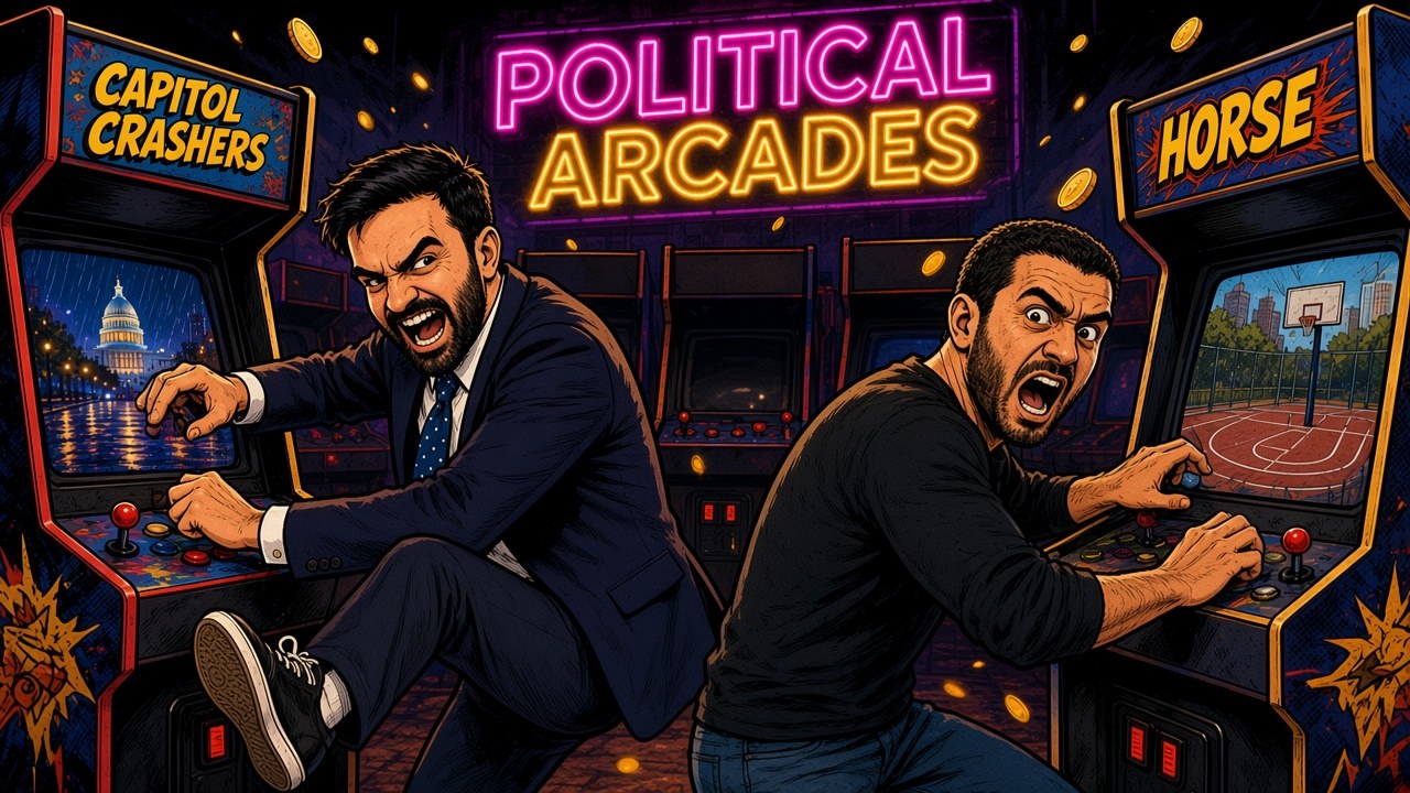 Zohran Mamdani and Abdul El-Sayed yelling at the Capitol Crashers and HORSE cabinets.