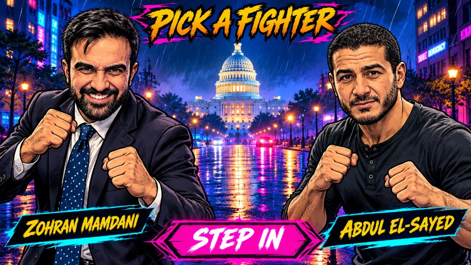 Capitol Crashers fighter select. Zohran Mamdani and Abdul El-Sayed square up on a rainy street in front of the Capitol.