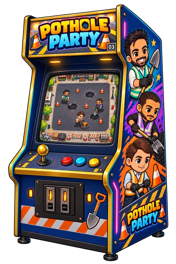 Pothole Party’s illustrated blue-and-gold arcade machine, Machine 03.
